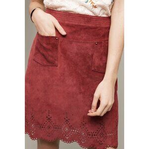 MAEVE Suede Midi Skirt Leather Red Maroon Sz 4 Napa Laser Cut Anthropologie